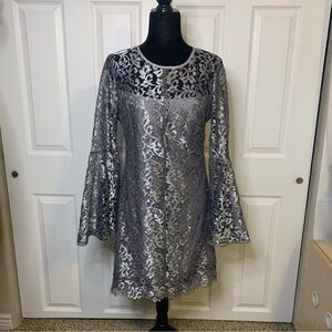 White House Black Market Silver Lace Long Sleeve Dress